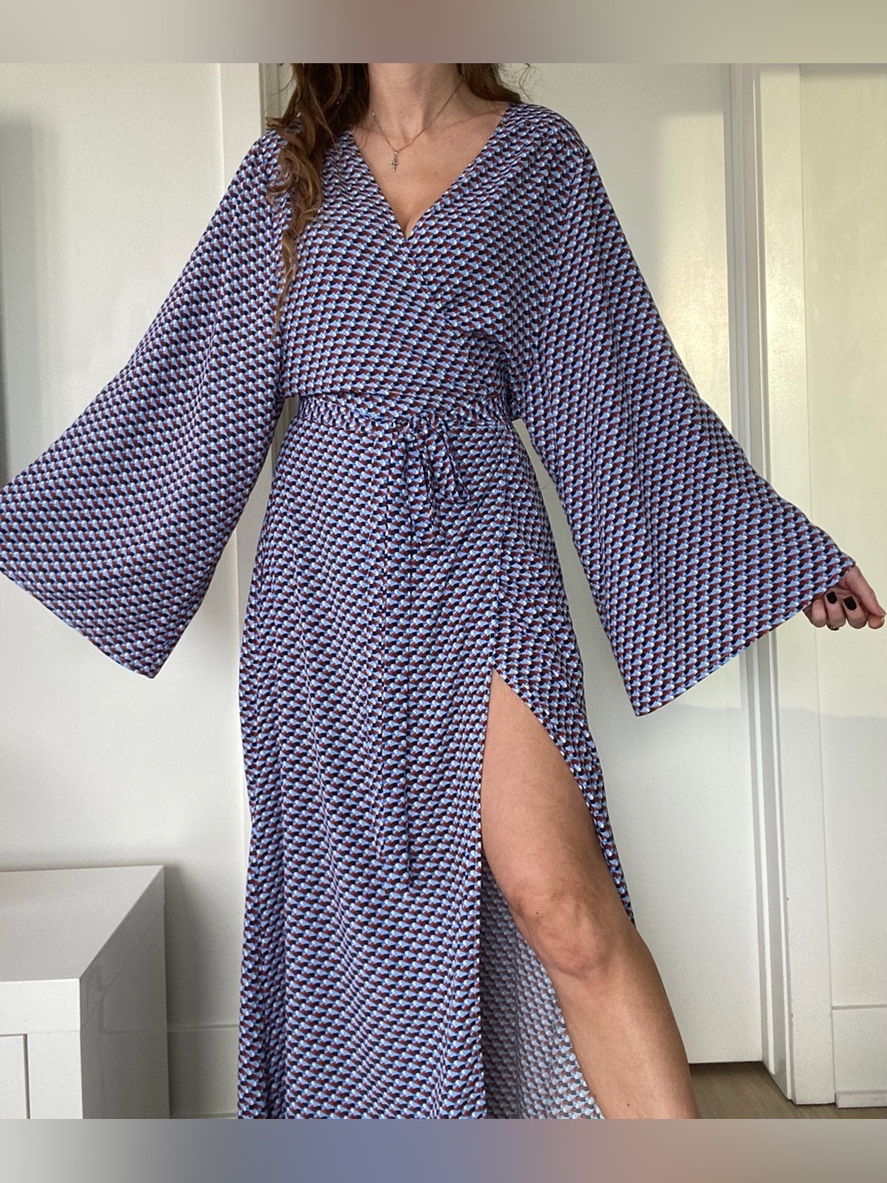 Long bell sleeve minimalist maxi kimono wrap dress in a muted blue Size S-L